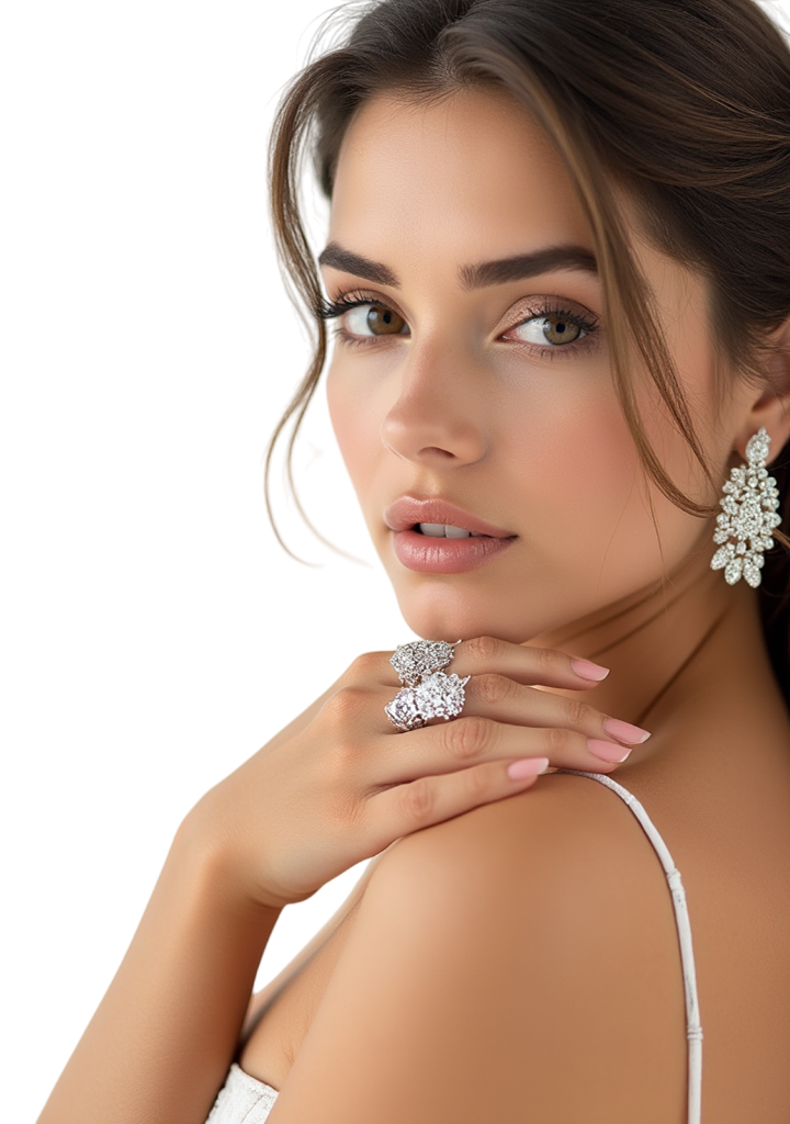 Woman wearing silver earrings and rings